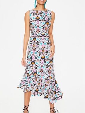 Boden Tessa Asymmetrical Midi Dress in the Ivory Carnival Floral print SZ. US 6R